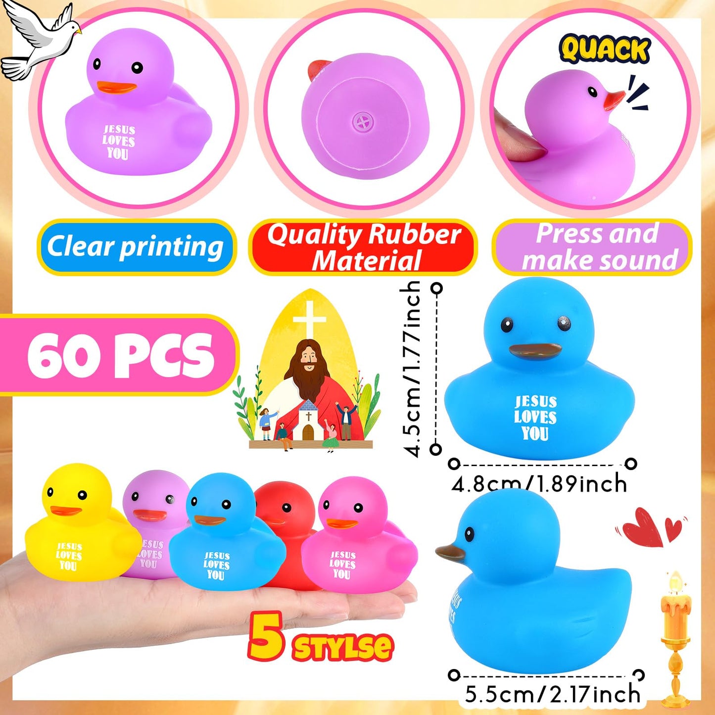 Deekin 60 Pcs Jesus Loves You Rubber Ducks Bulk Multicolor Easter Rubber Ducks Baby Bath Toys For Baby Shower Pool Birthday Gifts Party Favors Church Religious Reward (2.2 Inch)