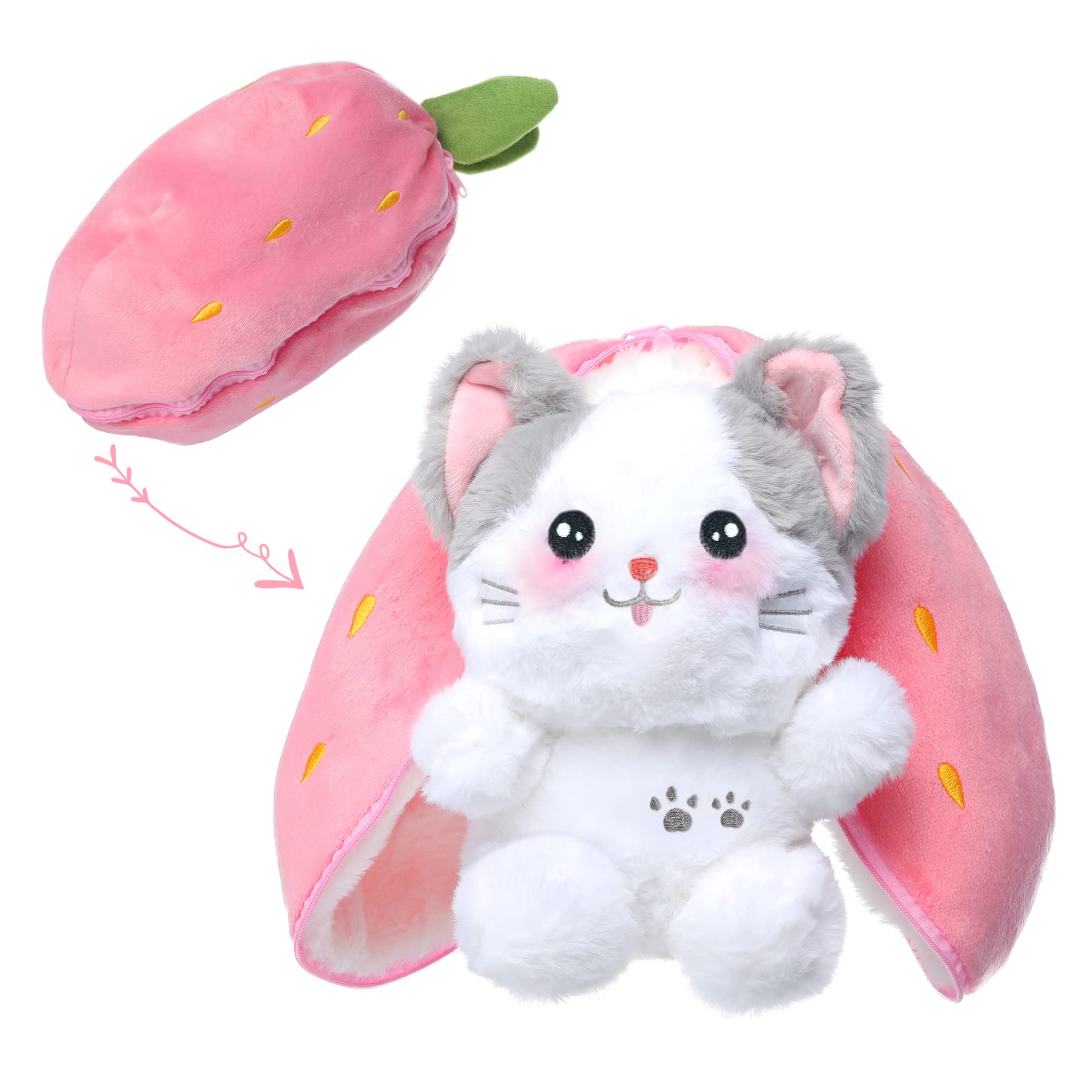 Miaodam Cat Plush Stuffed Animals, Kawaii Squishy Cute Reversible Strawberry Turn Into Cat Zip Plush, Funny Plushies Toy In A St