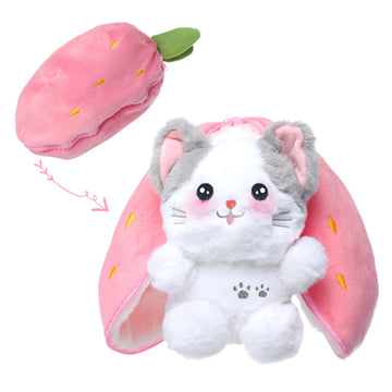 Miaodam Cat Plush Stuffed Animals, Kawaii Squishy Cute Reversible Strawberry Turn Into Cat Zip Plush, Funny Plushies Toy In A St