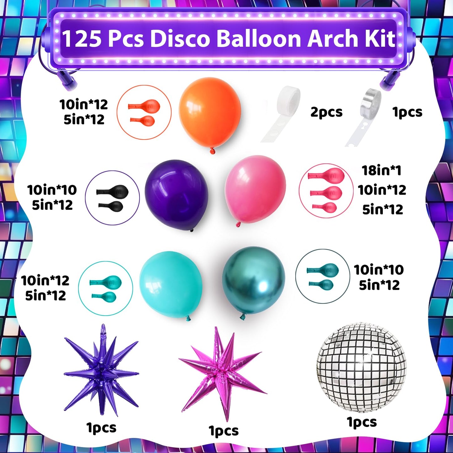 Disco Balloon Arch, 125 Pcs 80S Balloon Arch Kit Mit Hot Pink And Purple Teal Orange Metallic Green Balloons, 22 Inch Disco Ball