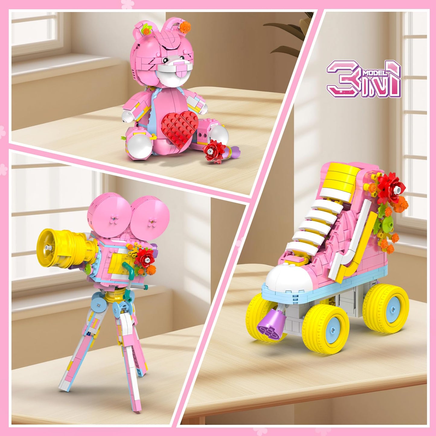 Mov stone 3-in-1 Creator Building Set, 520 Pcs, Pink, Model KB7159, Compatible with Lego, Includes Roller Skate, Heart Bear, Movie Projector