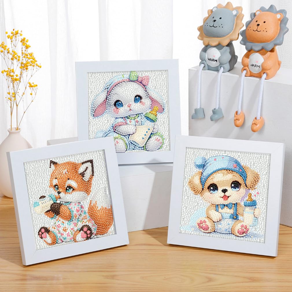 FQOVKYN 4 Packs Cute Animals Diamond Art Kits for Kids, DIY Cartoon Small Diamond Painting Kits for Kids Age 6-12, Diamond Art a