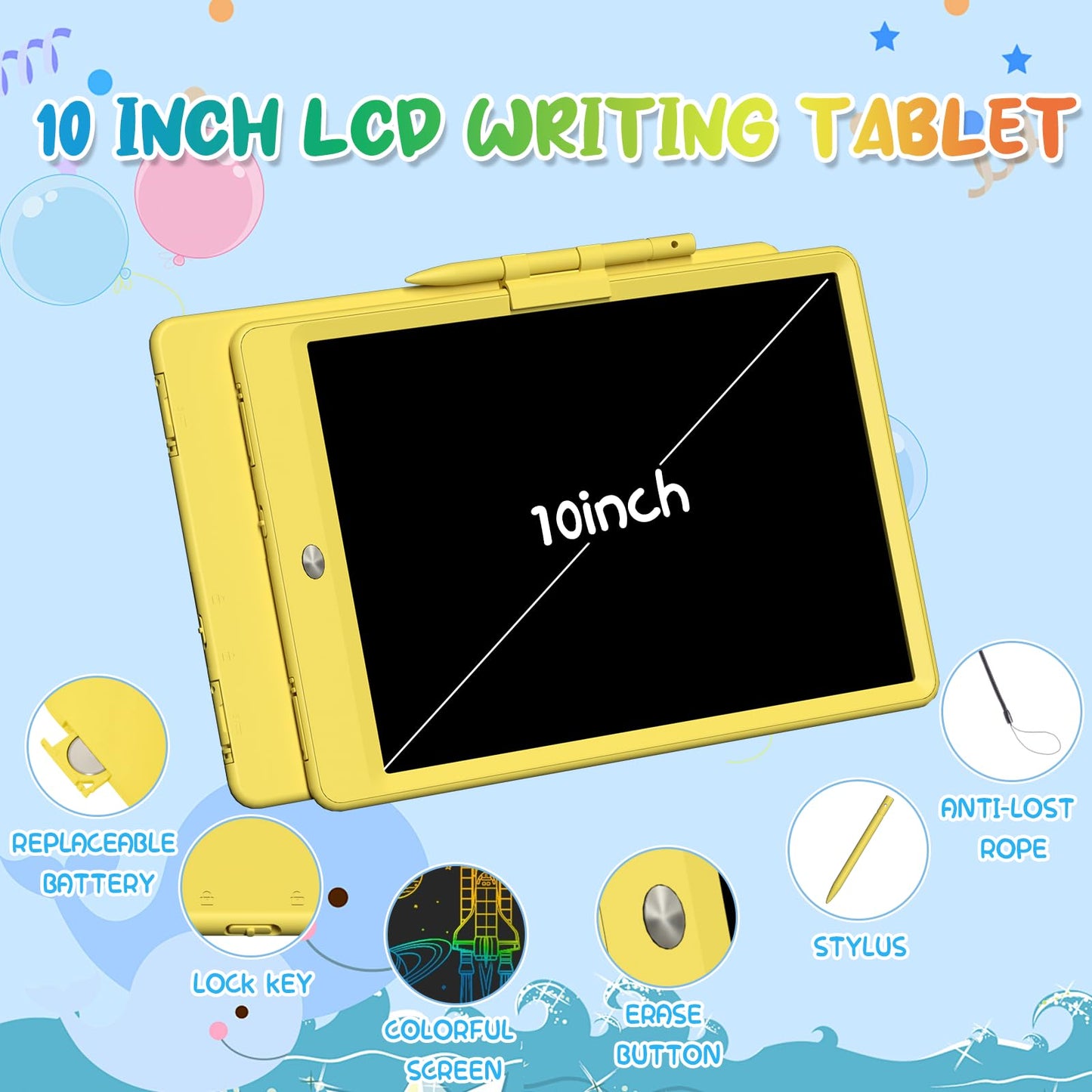 PYTTUR 10 Inch LCD Writing Tablet for Kids 4 Pack Reusable Drawing Pad Colorful Toddler Writing Board Electronic Drawing Tablet