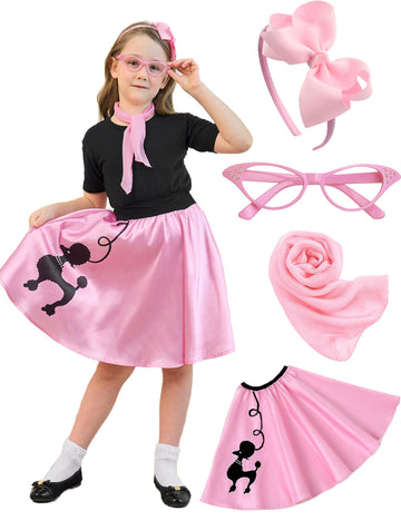 APRROOT Poodle Skirt for Girls 50s Outfit Kids Halloween Costume 2025 Sock Hop Outfit with Headbands, Glasses, Scarves 4-6Y Pink