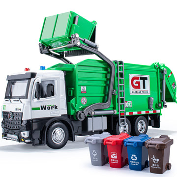 Garbage Truck Toys Metal Cab, Realistic Trash Truck Toys for Boys with Lights and Sounds, Friction Powered Recycling Truck for K