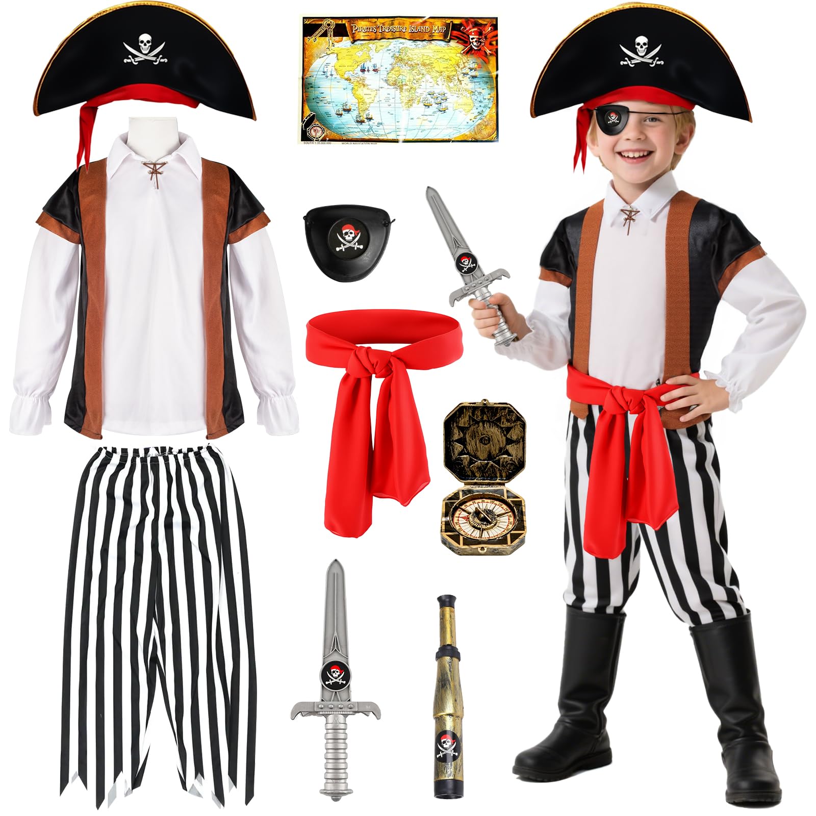 YPFonetoy Boys Pirate Costume Kids Set - Deluxe 10-Piece Pirate Outfit with Eye Patch  Hat & Accessories for Halloween (M(5-6 years))