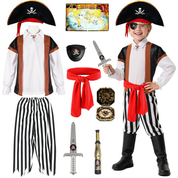 YPFonetoy Boys Pirate Costume Kids Set - Deluxe 10-Piece Pirate Outfit with Eye Patch  Hat & Accessories for Halloween (M(5-6 years))