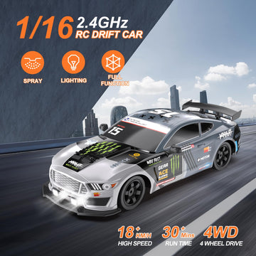 Dollox Remote Control Car 1/16 Scale RC Drift Car 2.4GHz 4WD High Speed 18+KM/H Vehicle with LED Lights and Spray, Extra Driftin