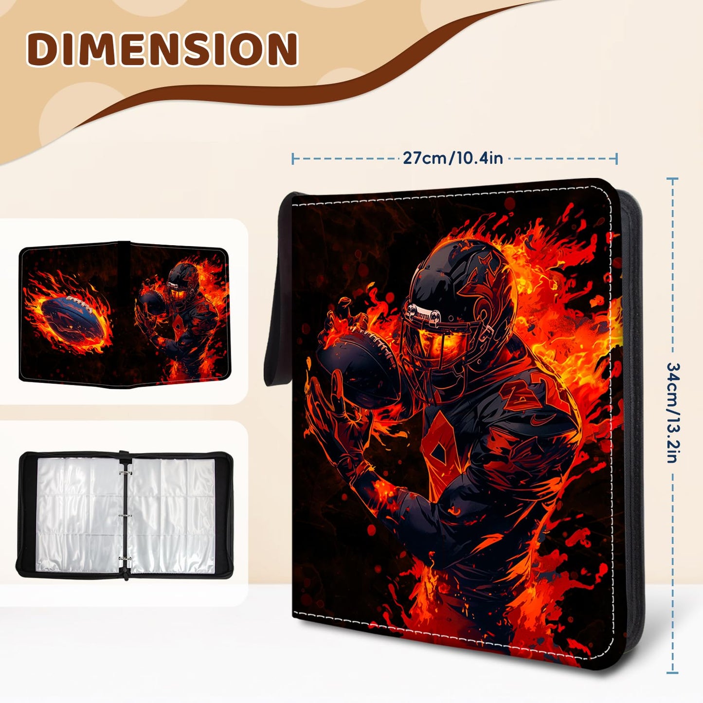 Wazzio 900 Pocket Football Card Binder  Trading Card Storage Album with 50 Durable 9-Pocket Pages  Football Design on Pocket Card Packs  Gifts for Zipper Closure Collector's Album