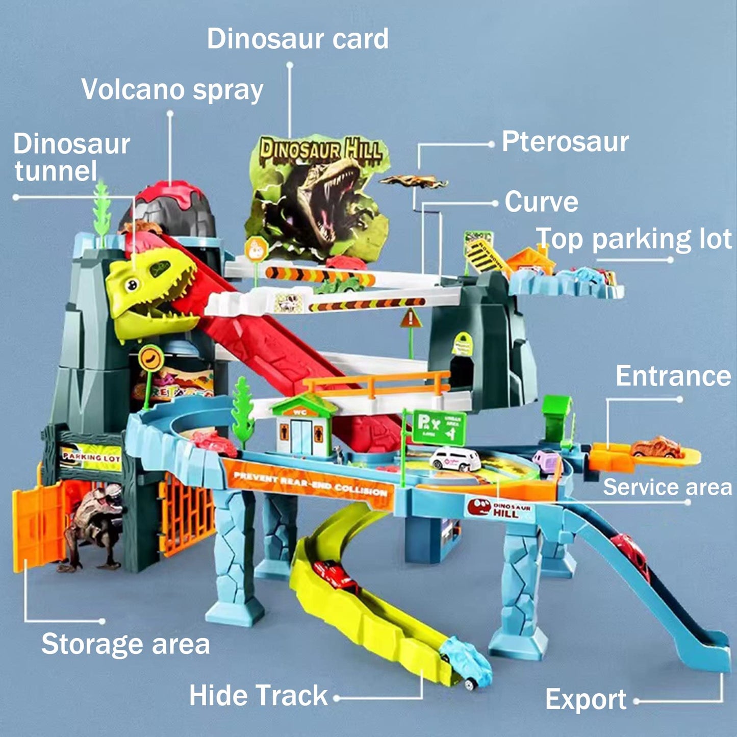 Juqic Children's Toy Car Ramp Track Dinosaur Spray Hills Adventure Railcar Slot Car Vehicle Race Play Set with 20 Mini Cars for