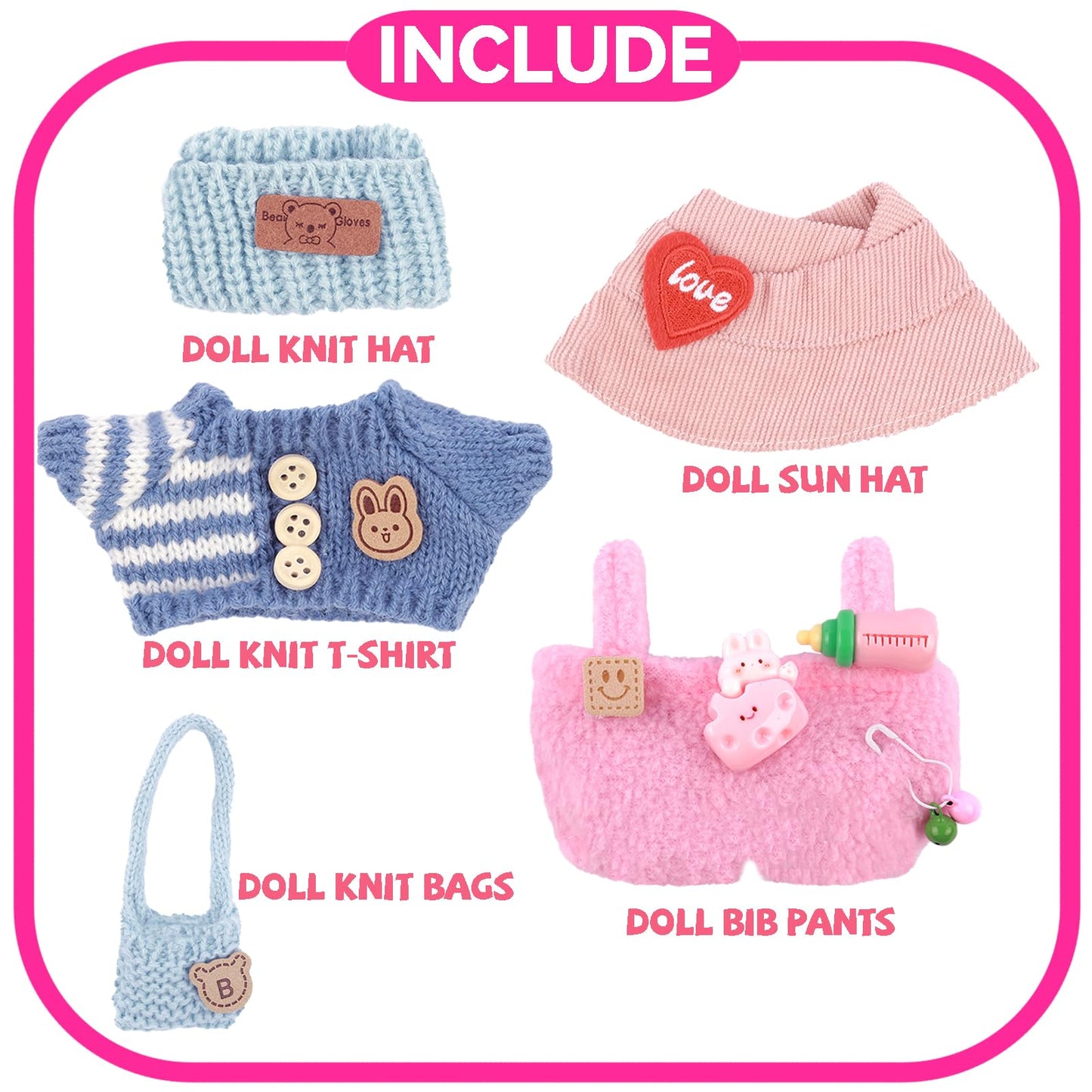 2 Sets of Clothes for Doll  5 Pcs Accessories for Doll 6.7in/17cm Outfits Knit Hat+T-Shirt+Bag  Sun Hat+Bib Pants