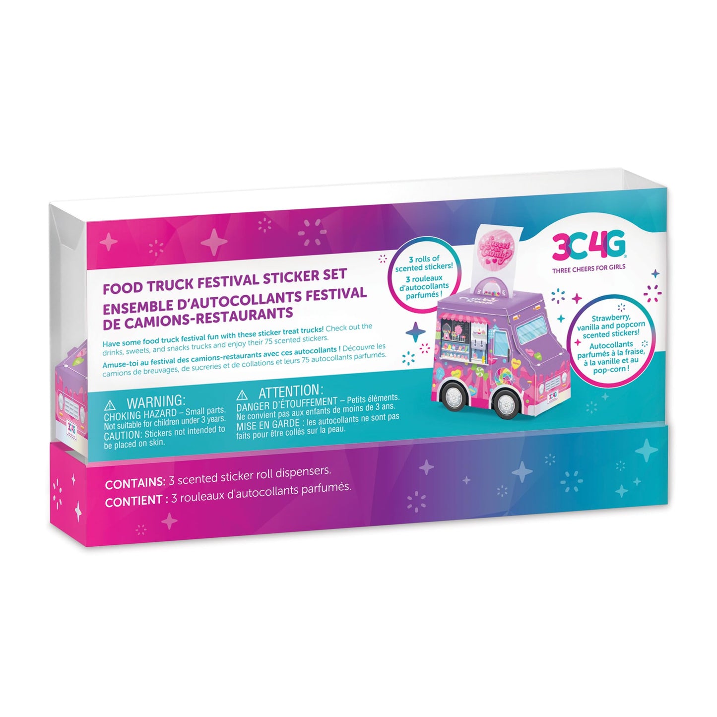 3C4G: Food Truck Festival Sticker Set - 3 Vehicles That Dispense Rolls of Scented Stickers, Sweets, Drinks & Food, Three Cheers