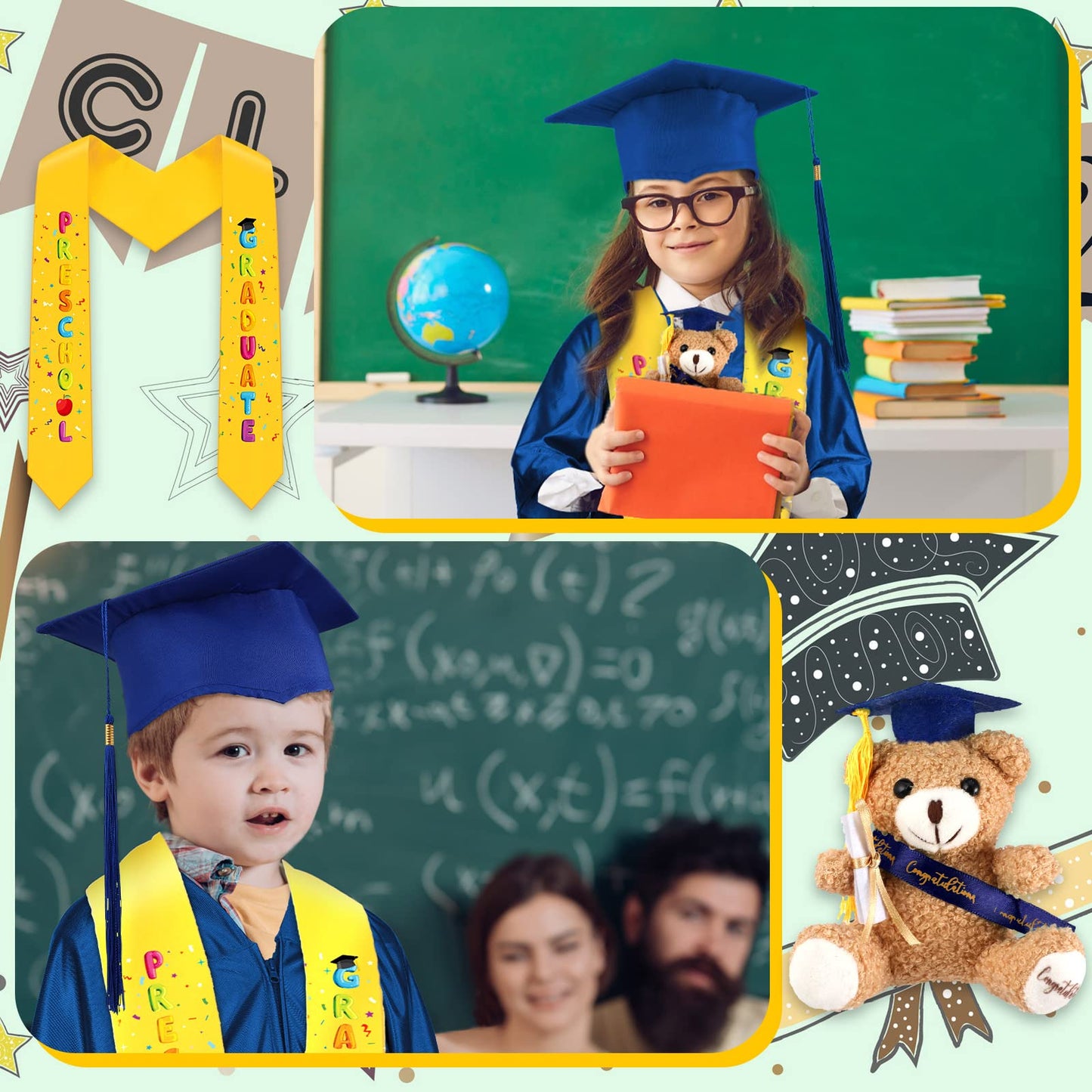 Unittype 4 Pcs Preschool Graduation Gown Cap With Tassel Graduation Stole Stuff Plush Bear Set For Kids Graduation Gifts (Dark B