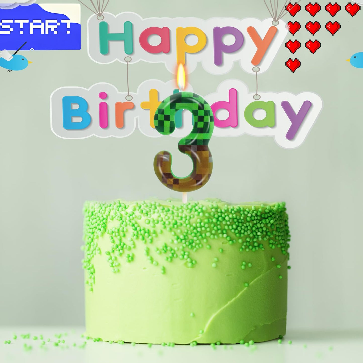 3rd Pixel Miner Birthday Candles, Pixels Cake Topper for Boys Girls, TNT Themed Birthday Decorations Party Supplies (Number 3)