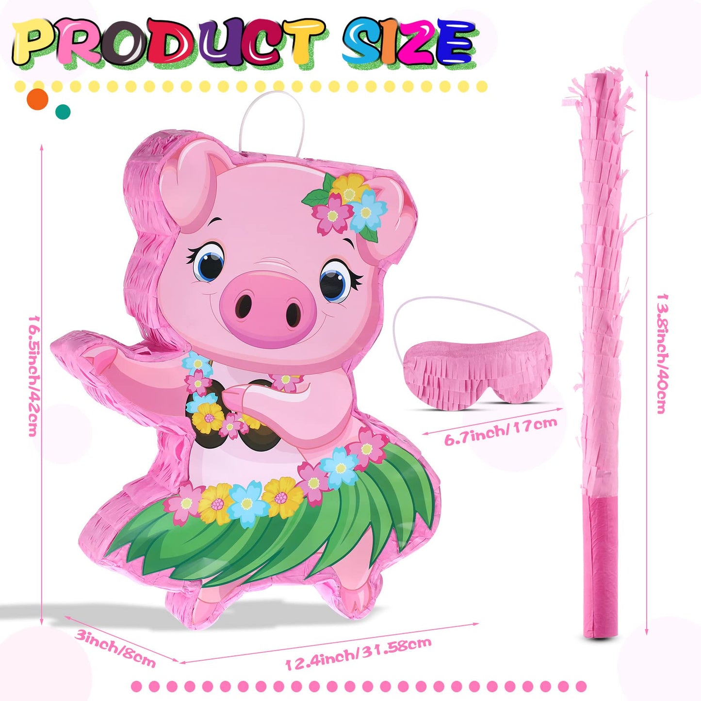 Threan Small Pig Piñata Hawaiian Party Decorations Pink Pig Piñata With Blindfold Stick For Summer Hawaii Aloha Tropical Themed Birthday Party Supplies, 16.5 X 12.4 X 3.1 Inch