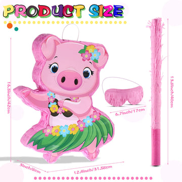 Threan Small Pig Piñata Hawaiian Party Decorations Pink Pig Piñata With Blindfold Stick For Summer Hawaii Aloha Tropical Themed Birthday Party Supplies, 16.5 X 12.4 X 3.1 Inch