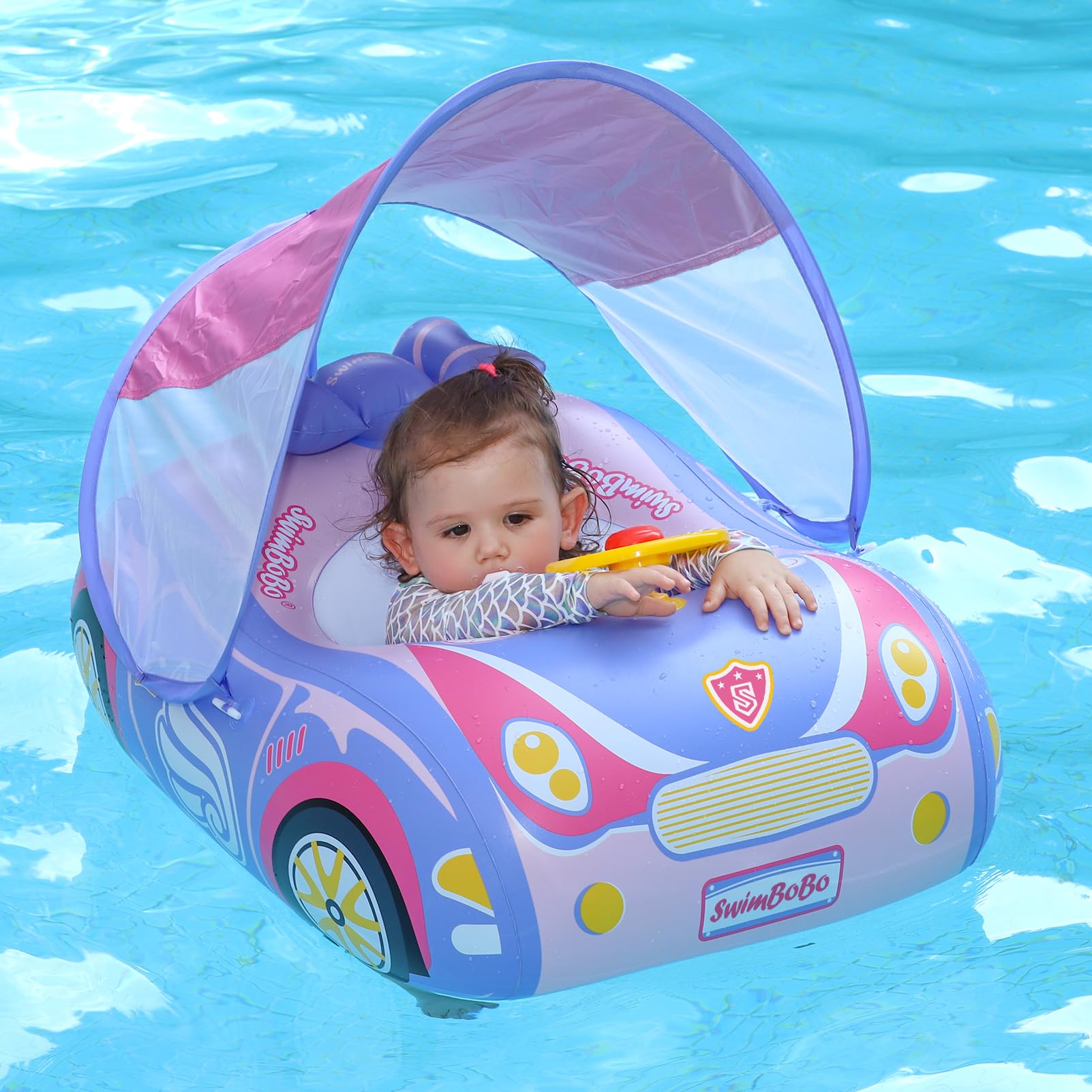 Swimbobo Toddler Pool Float Inflatable Car Baby Swim Float with Adjustable Sun Canopy and Safety Seat Pool Toys for Kids 3+ Years Old(Purple Pink Car)