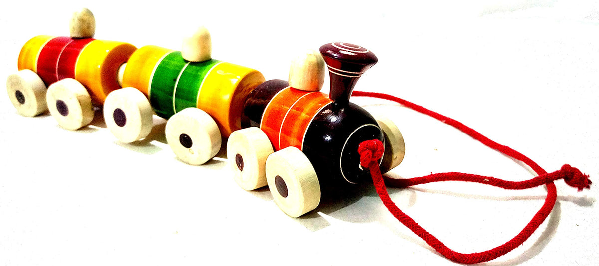 Crafts India Handcrafted channapatna Wooden Train Pull Along Toy  Chikku Bukku Railu 28 cms L