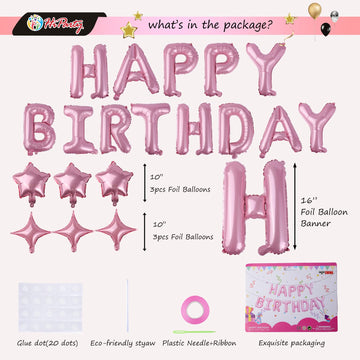 Pink Birthday Banner, 3D Mylar Foil Happy Birthday Balloons, 24Pcs Birthday Party Decorations With 6Pcs Star Balloons For Kids G