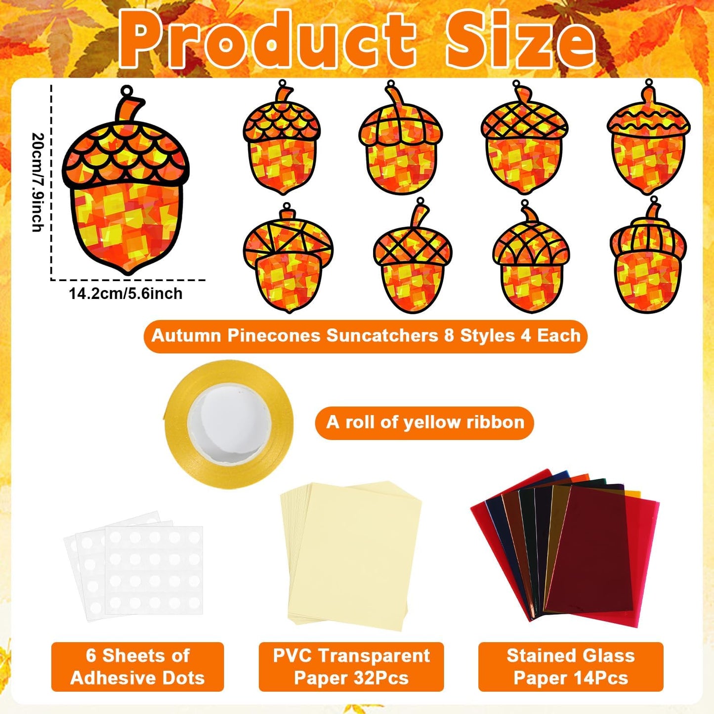 32 Sets Pine Cones Suncatchers Craft Kit DIY Window Stained Glass Effect Fall Autumn Pine Cones Paper Craft Home School Classroo
