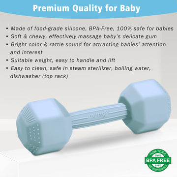 Baby Dumbbell Toy - Silicone Infant Rattle Teething Toy Teether Toddler Sensory Toy Durable Safe Exercises Workout Weight - Great Gift For Baby Boys & Girls (1Pcs - Tangerine)