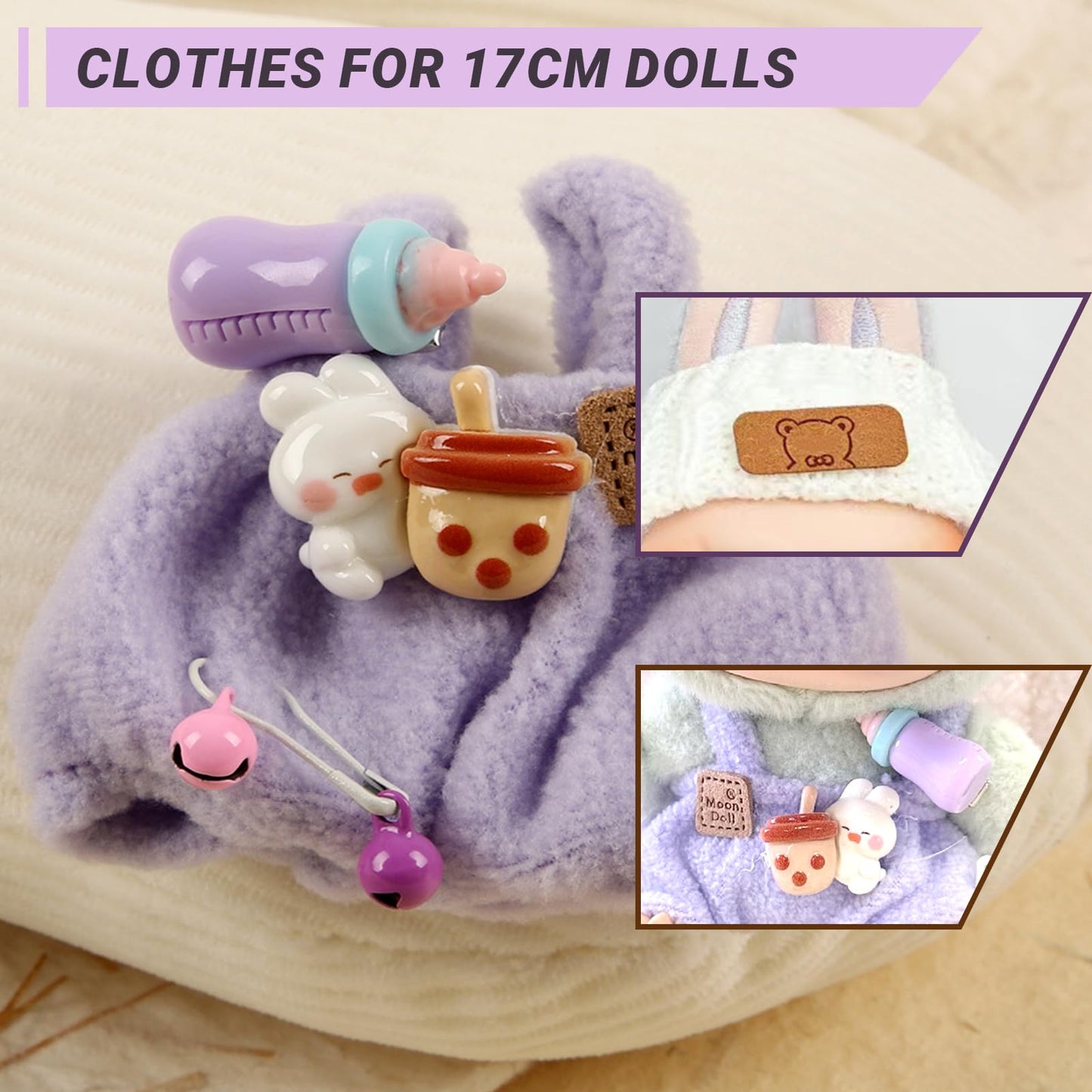 Clothes for 17cm Dolls(NO Doll)  Stylish Kawaii Purple Outfit Set with Hat Romper & Camera Backpack Accessories Suit  Cute Clothes for Dress Up Unique Style