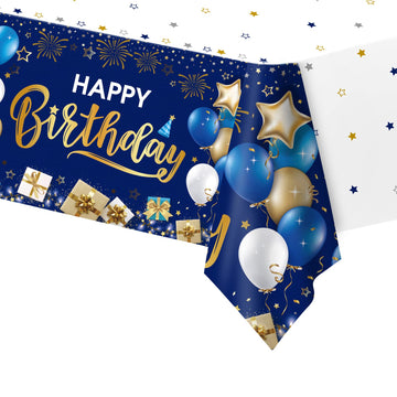 DUAIAI Happy Birthday Decorations, 1 Pcs Navy Blue and Gold Birthday Tablecloth for Boys Girls Men Women, Plastic Disposable Rec