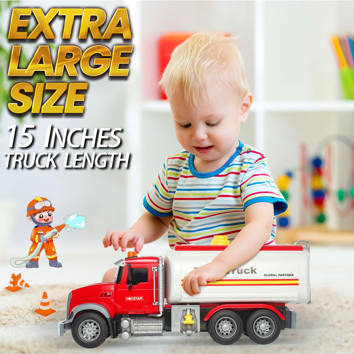 Wenbeier Tanker Truck Toy with Water Pump, 15" Tow Truck, Music & Lights, Plastic, for Kids Ages 3-6, Tank Truck Model WBE JJ666