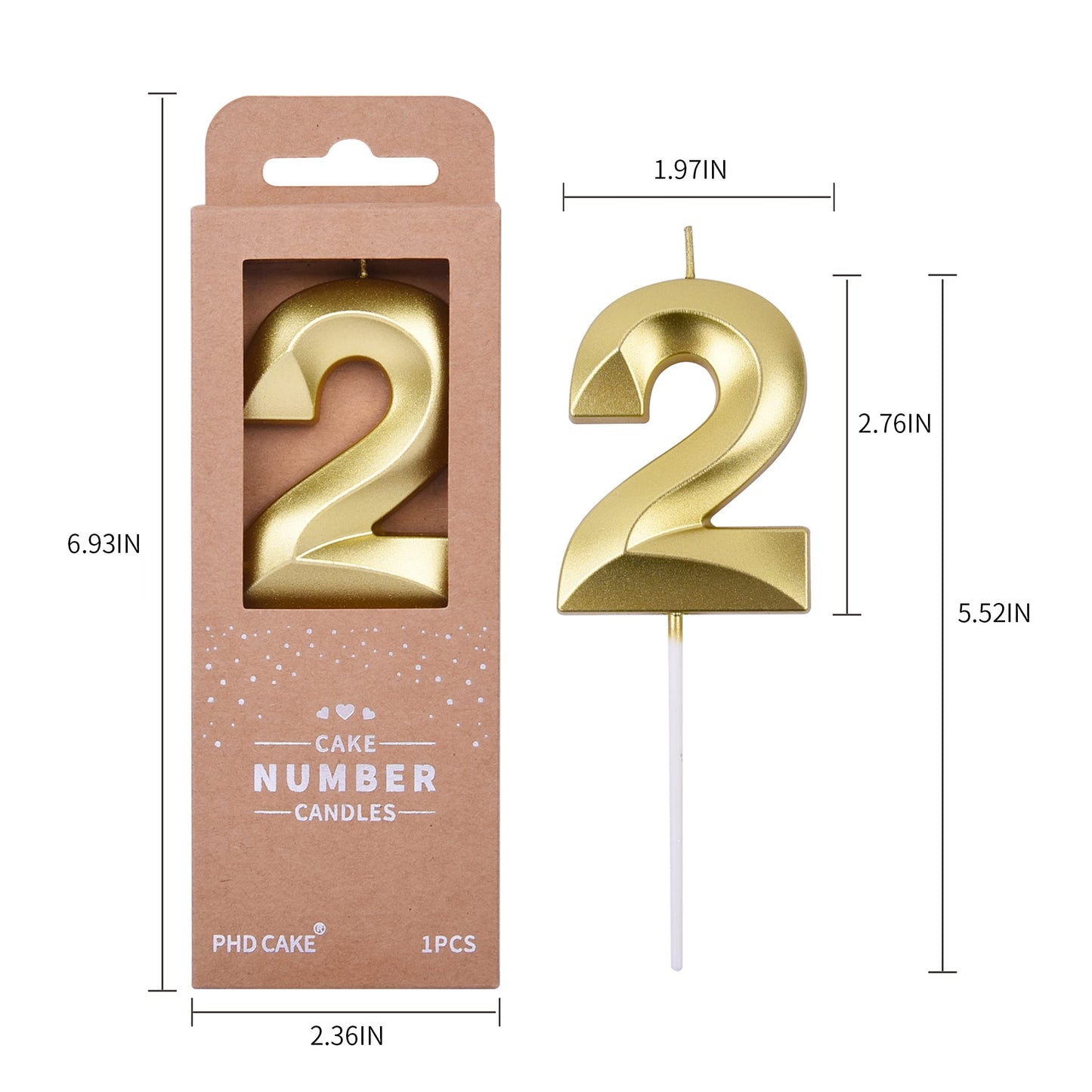 PHD CAKE 2.76 Inch Diamond Gold 2 Number Birthday Candles, Gold Number Candles, Cake Number Candles, Party Celebration