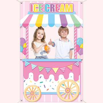 Ice Cream Shoppe Photo Prop Backdrop For Girl'S Ice Cream Birthday Party Decorations Fabric Sweet Ice Cream Backdrop Background Banner Birthday Party Supplies Ice Cream Party Favors 62.9 X 39.3 Inch