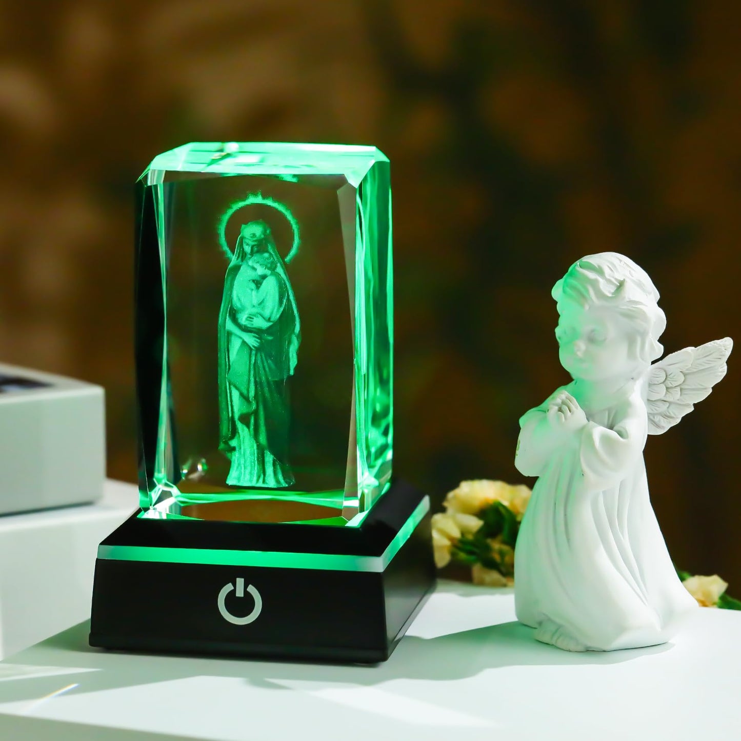 Movdyka Virgin Mary Night Light - 3D Laser Engraved Crystal Cube, 50mm x 50mm x 80mm, Color-Changing LED Base, Model 558