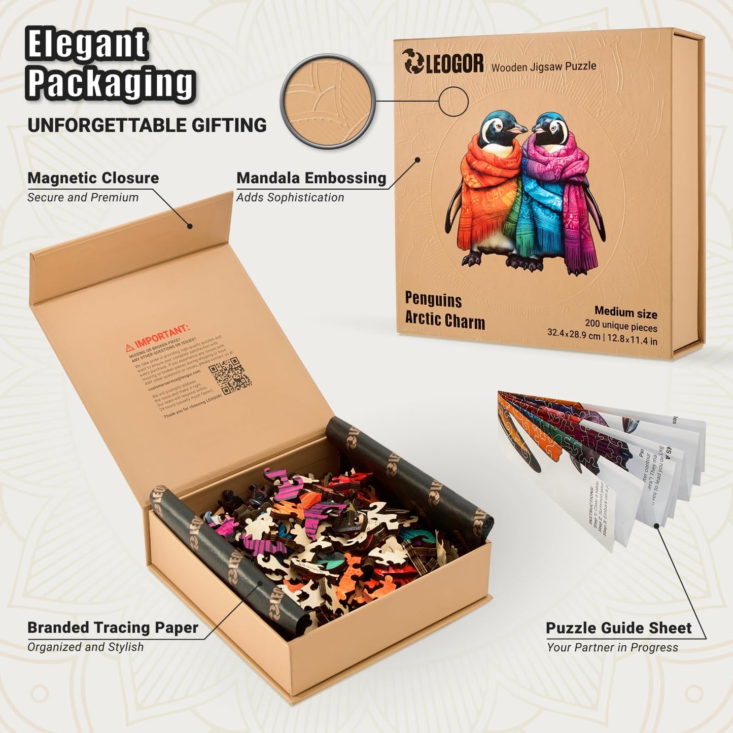 LEOGOR Wood Puzzles mature-themed Jigsaw - Exquisite Wooden Penguin Puzzle for mature-themeds and Teenagers  Unique Animal-Shaped Creative Colorful Mosaic  200 Pieces  Medium 12.8'' x 11.4''