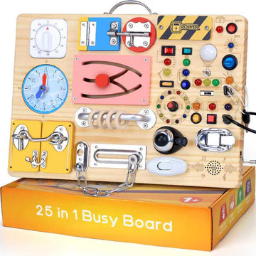 25 in 1 Busy Board with 13 LED Light Switches and 12 Activity  Montessori Toys for 1 2 3 Years Old  Wooden Sensory Board  Toddlers Travel Toys for 1+ Year Old Boy & Girl Birthday Gift(Extra-Large)