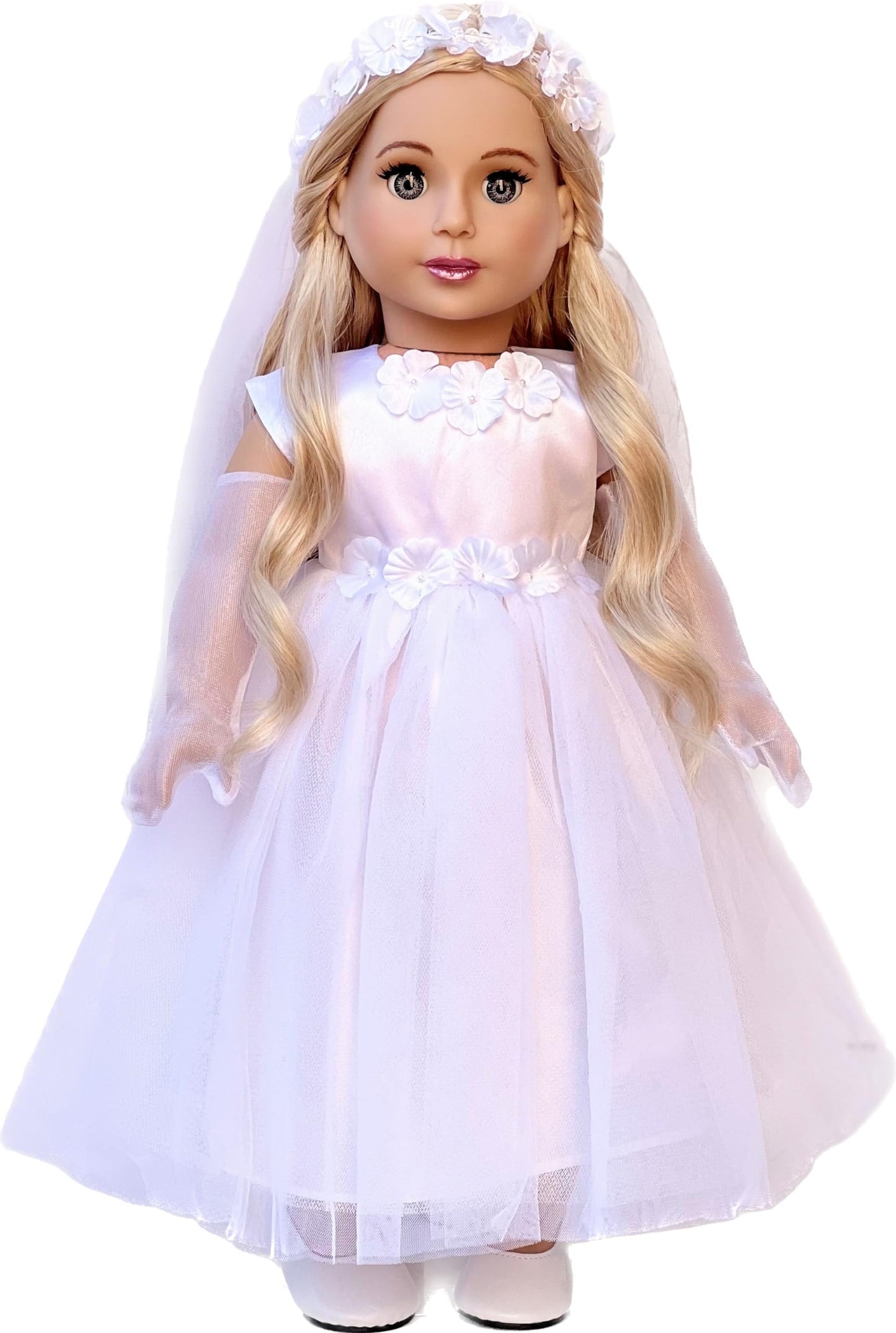 Dreamworld Collections Little Angel - 4 Piece 18 Inch Girl Doll Outfit - White Satin And Tule First Communion Dress With Long Gloves, Veil And White Shoes (Doll Not Included)