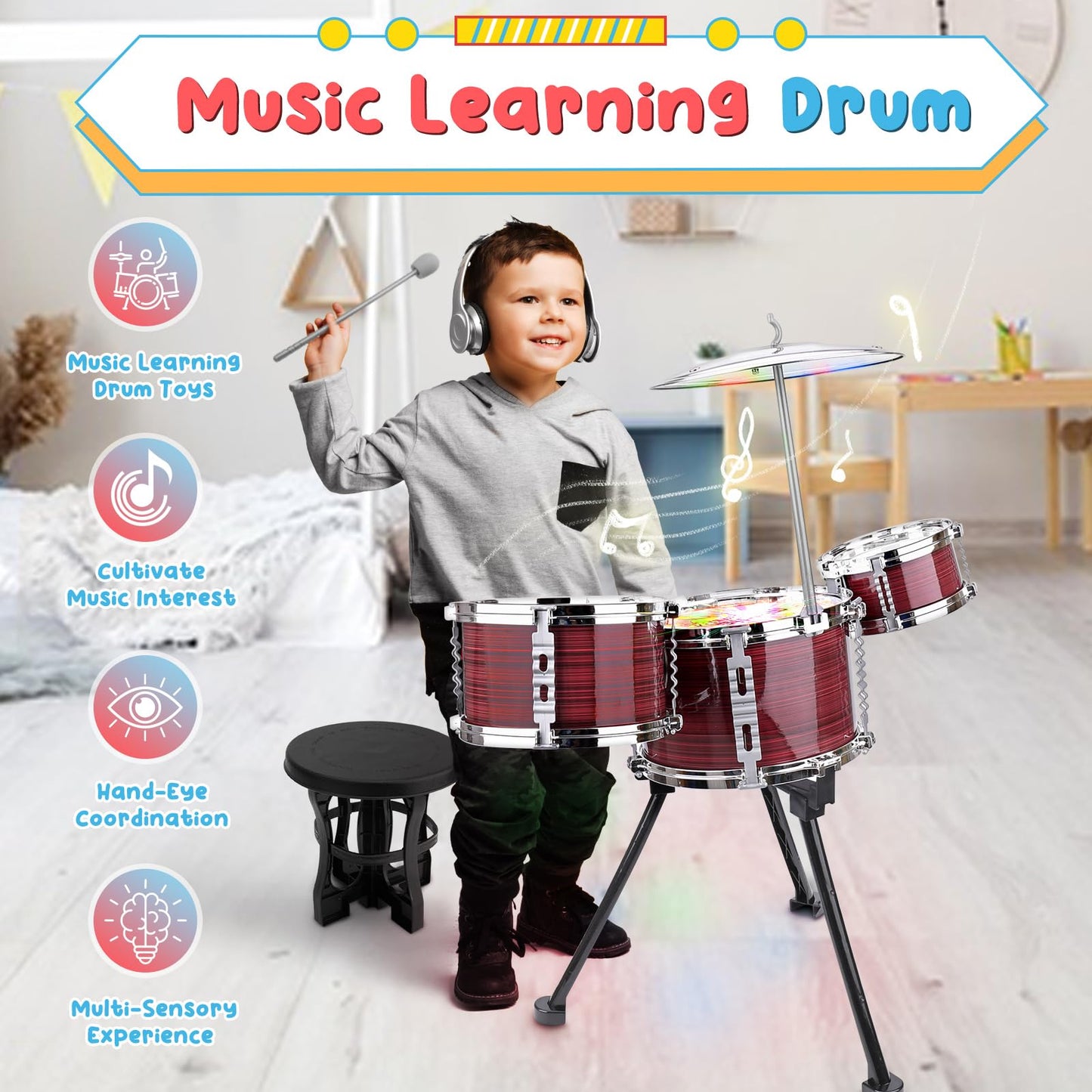 Upgraded Toddler Drum Set With Lights Kids Jazz Drum Kit, Musical Instrument Toys For Toddler 1-3 3-5 Boys Girls Christmas Birth