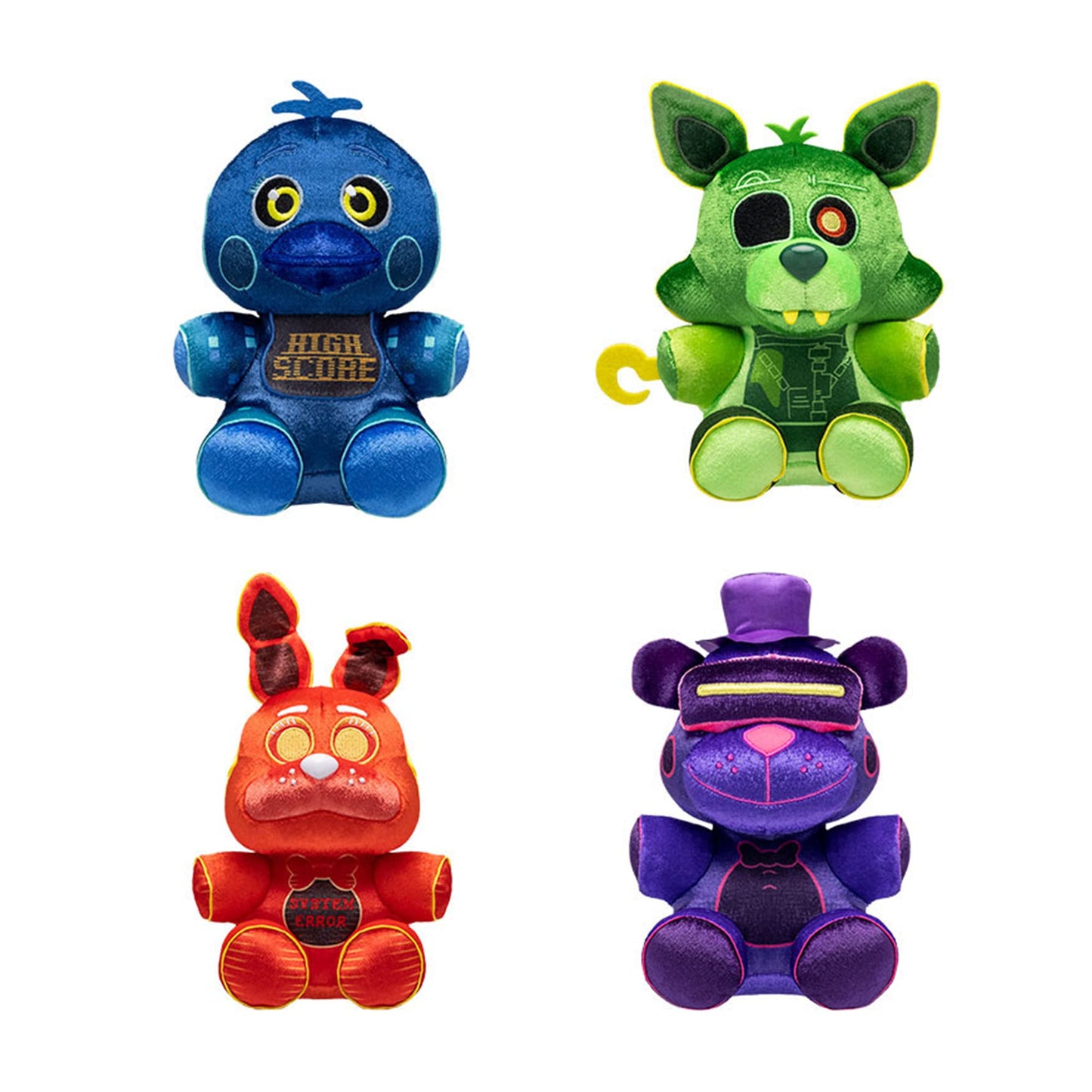 Funko Plush Set of 4 - FNAF High Score Chica, Radioactive Foxy, System Error Bonnie & VR Freddy - Multicolor, Model 59696-99