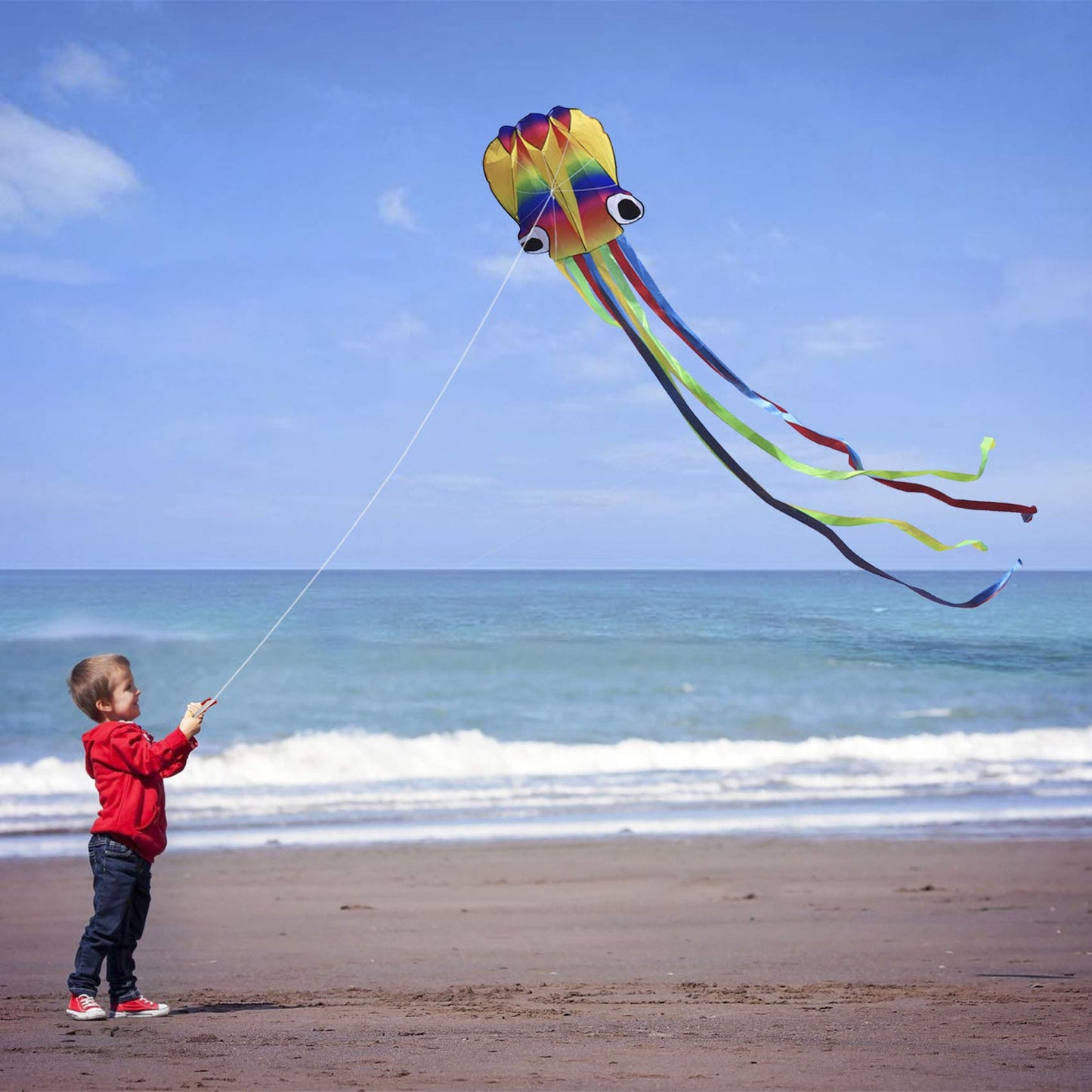 14Ft R2F Rainbow Soft Octopus Kite For Kids And Audlts-Large Kite With 11.5Ft Long Tail And 200Ft Flying Line-Easy To Fly Toy For Outdoor Games Beach And Activities