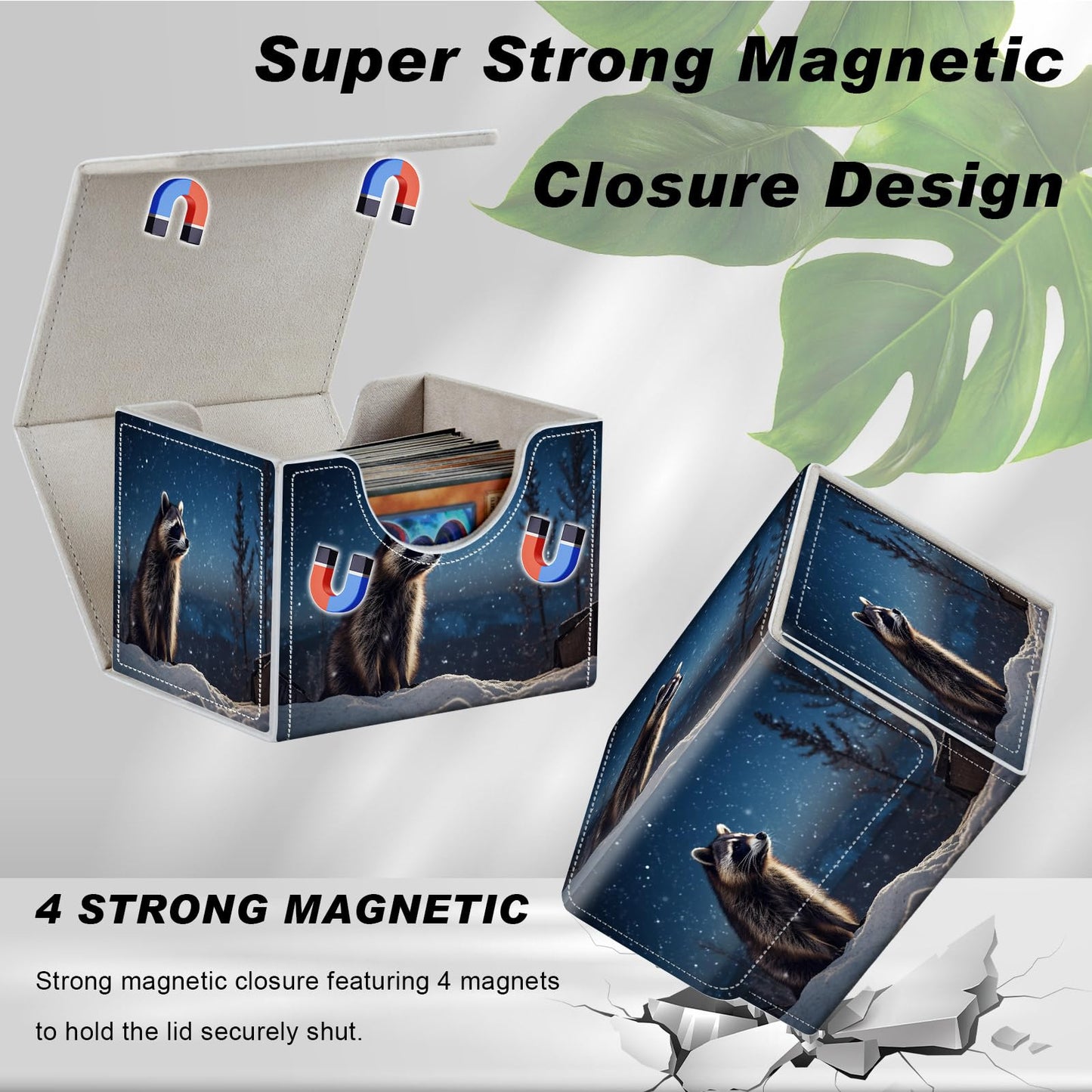 Card Game Storage Box TCG Deck Box MTG Card Box Organizer Trading Card Case Commander Deck Box TCG Card Storage Box Magnetic Closure Creative Pattern Up to 200 Cards  A Cute Raccoon Stars