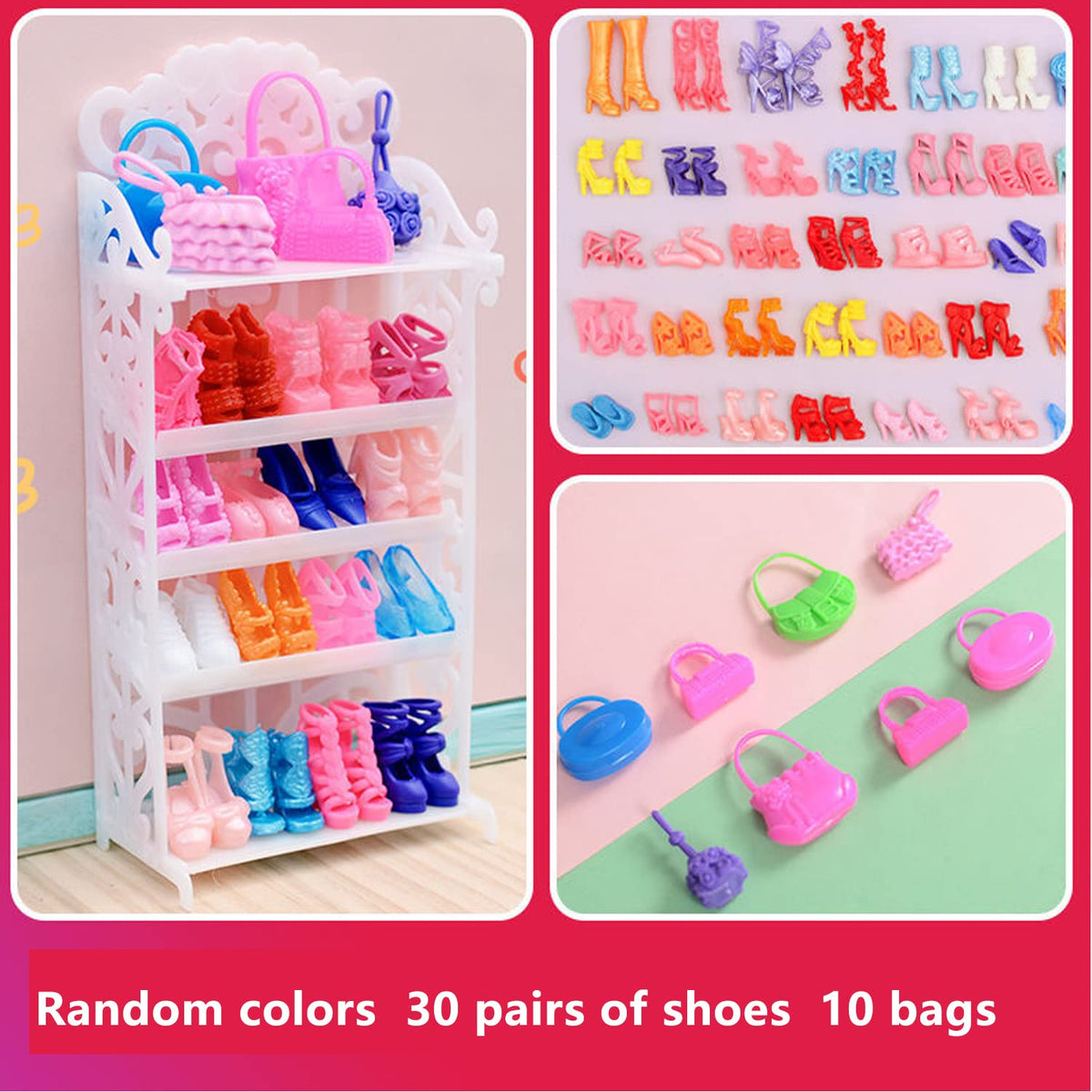Highfun Doll Shoes Rack + 30 Pairs Doll Shoes 10 Doll Handbags 10 Doll ...