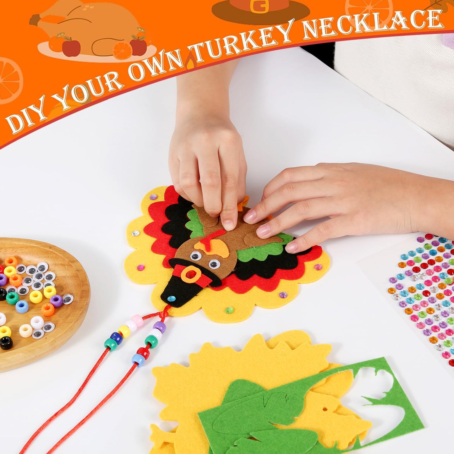 12 Pack DIY Thankful Necklace Turkey Craft, Thanksgiving Necklace Crafts Bulk with 6 Styles, Thanksgiving Activities Fall Party