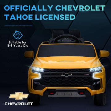 Aosom Chevrolet Tahoe Licensed Kids Ride On Car, 12V Battery Powered Kids Electric Car With Remote Control, 4-Wheeler Suspension, Music, Lights, Horn, For Ages 3-6 Years Old, Yellow