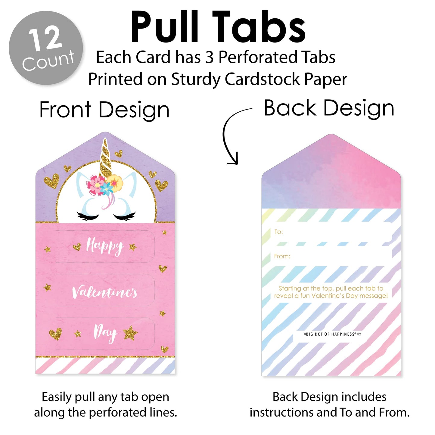 Big Dot Of Happiness Rainbow Unicorn - Magical Unicorn Cards For Kids - Happy Valentines Day Pull Tabs - Set Of 12