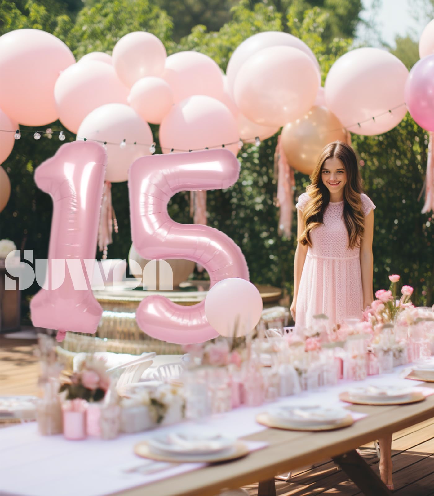 Suwen 40 Inch Pink Large 15 Number Balloons Big Foil Helium Number Balloons 0-9 Jumbo Happy 15Th Mylar Birthday Party Decoration