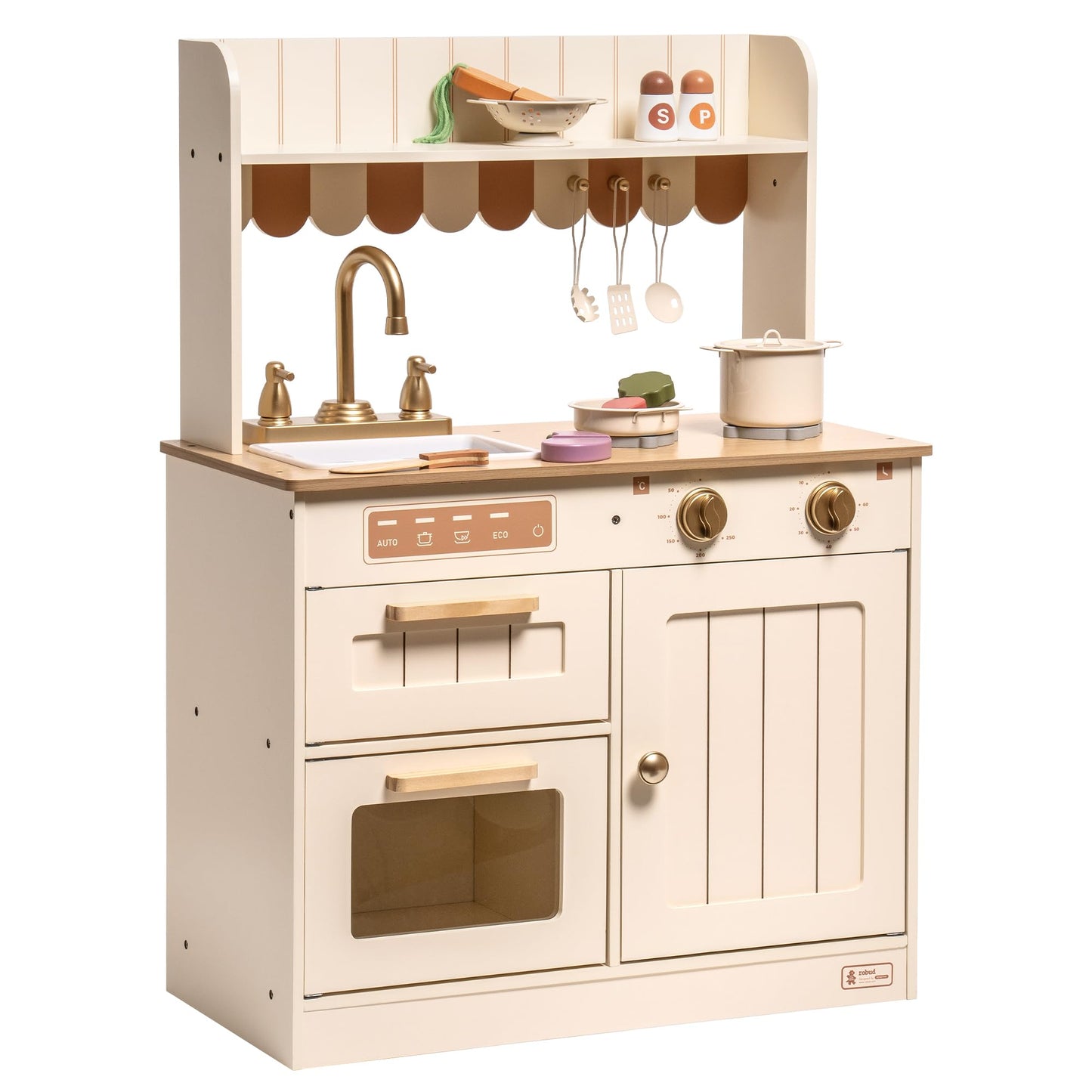 Robud Wooden Play Kitchen Set For Kids, Pretend Play Kitchen Toy Set With Golden Faucet, Sink, Oven, Stove, Cabinet, Vintage Sty