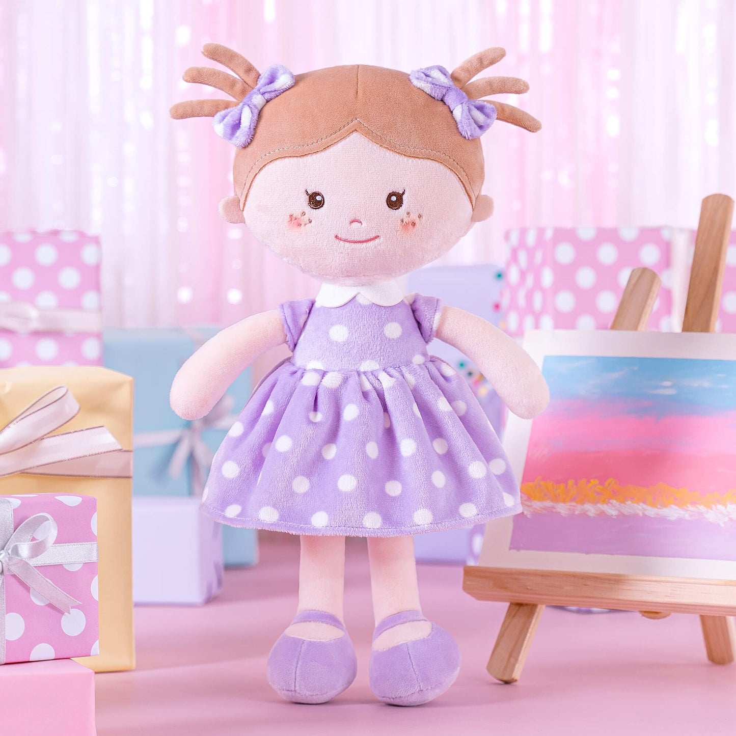 Onetoo Plush Rag Doll First Baby Doll Soft Baby Doll Sleeping Cuddle Buddy Doll For Girls Wear Purple Polka Dot Dress 14'(Milly Series)