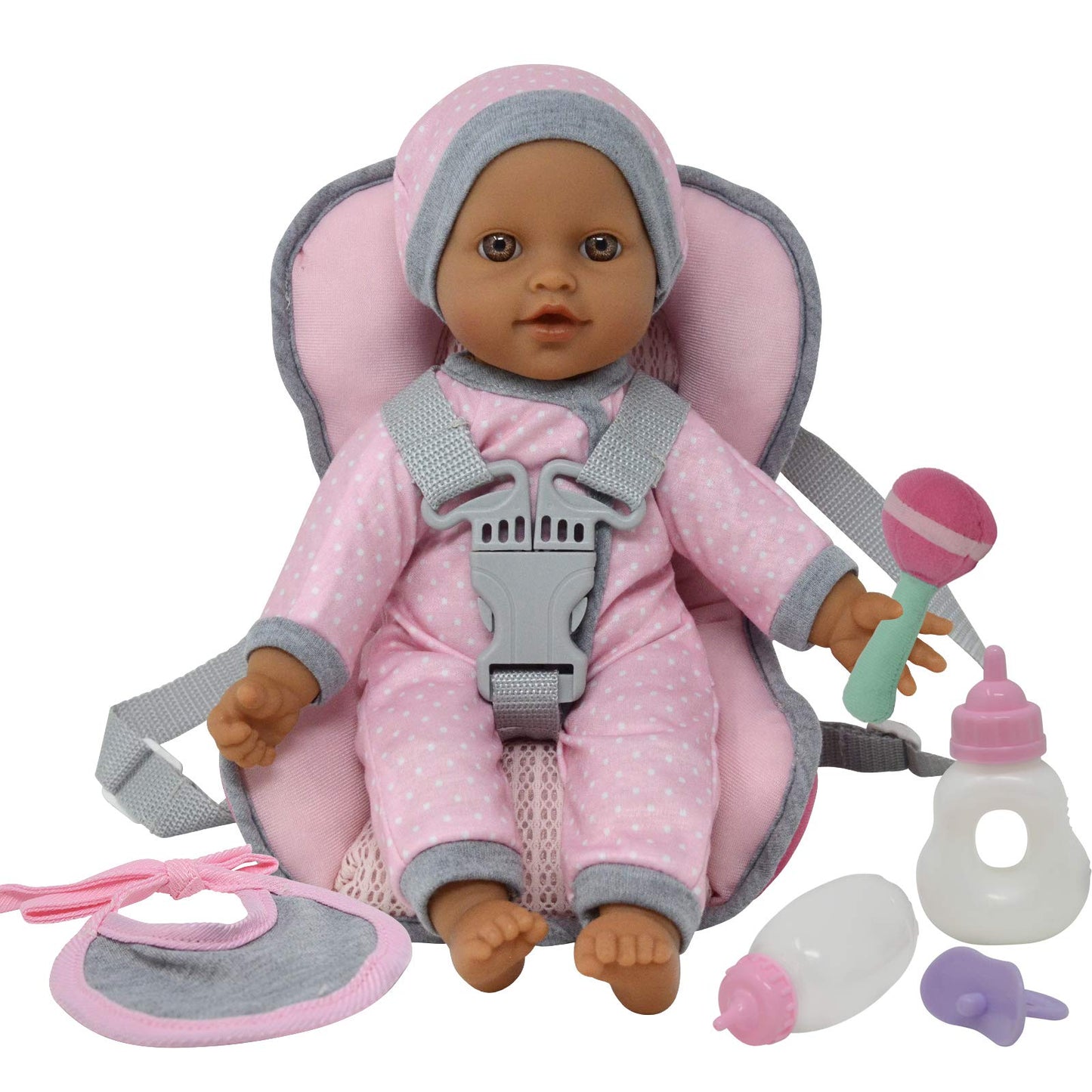 Doll Travel Playset - Baby Doll Car Seat Carrier Backpack With 12 Inch Soft Body Doll Includes Doll Bottles And Toy Accessories … (Hispanic)