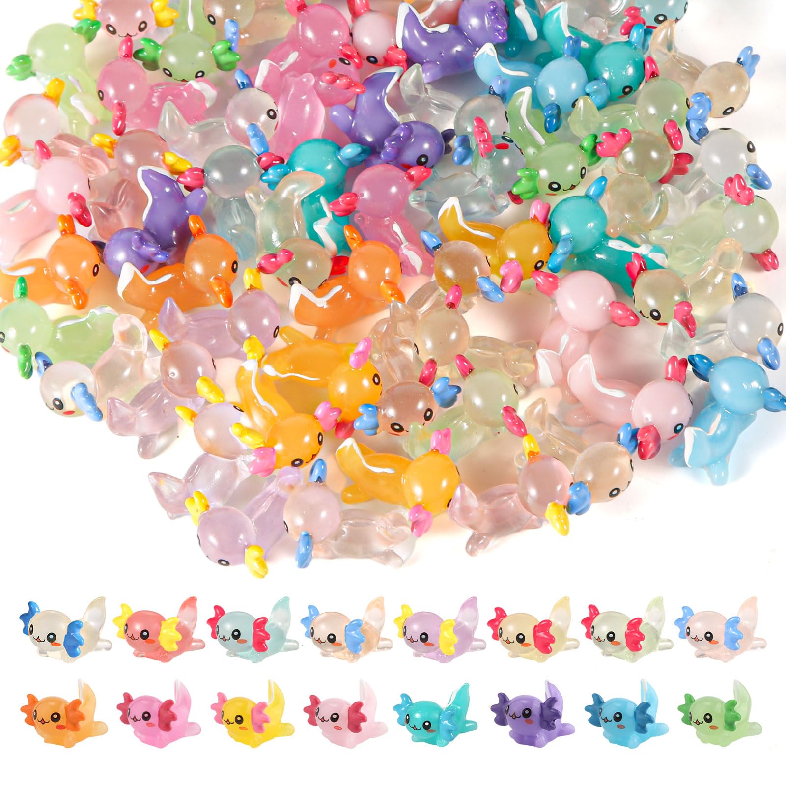 XIHIRCD 32pcs Mini Resin Axolotl Miniature Figurine, Glow in The Dark Tiny Animal Figurines Small Luminous Charm Ornament for DI