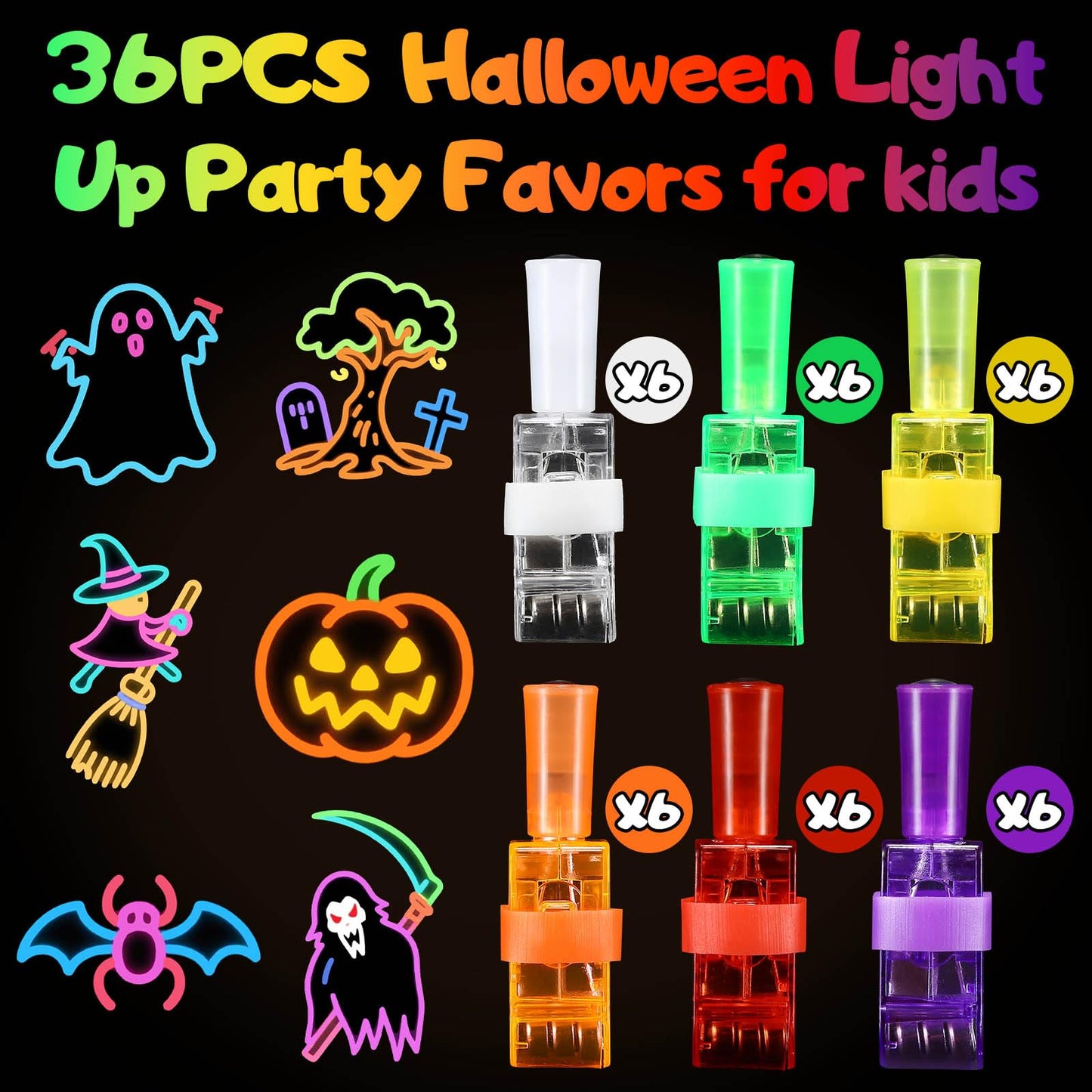 36PCS Halloween Light Up LED Finger Lights, Glow in the Dark Party Favors Toys Bulk for Halloween Goodie Bag Fillers, Trick or T