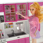 PowerTRC Doll Kitchen Play Set, Mini Modern Toy Pink Kitchen Pretend Furnitures Toy Set Accessories Set with Realistic Light & S