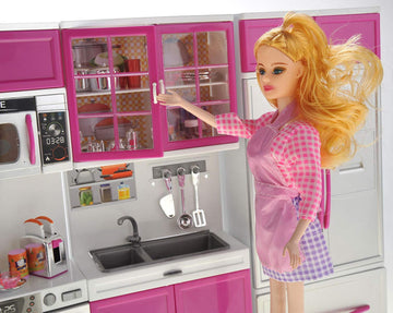 PowerTRC Doll Kitchen Play Set, Mini Modern Toy Pink Kitchen Pretend Furnitures Toy Set Accessories Set with Realistic Light & S